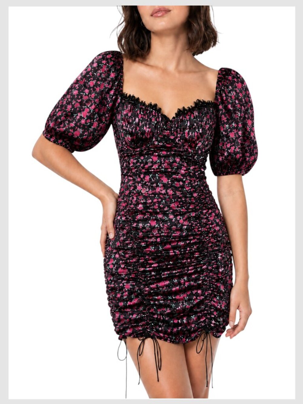 For Love & Lemons Melrose Mini Dress Black Pink Floral Bustier XS